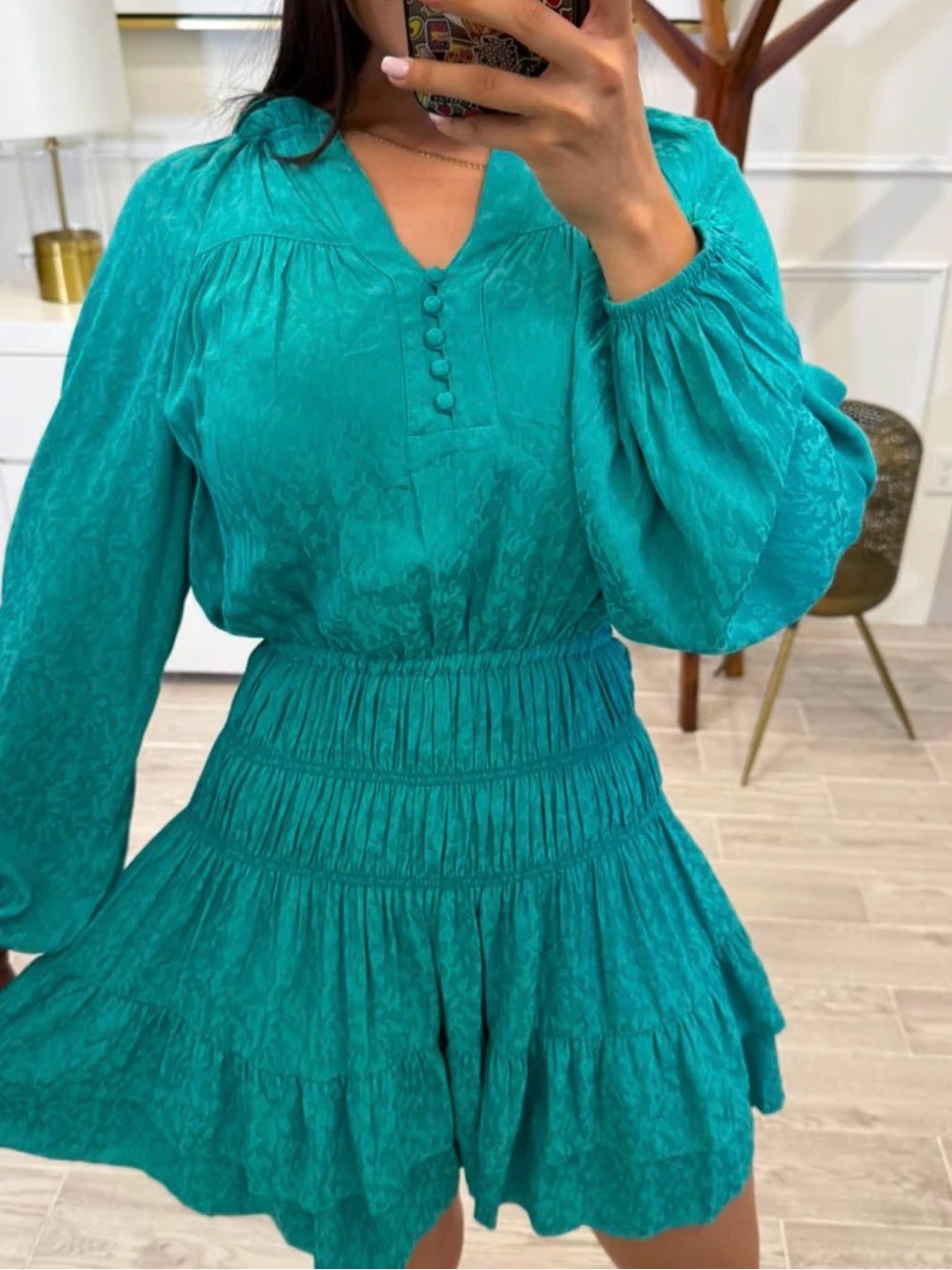 Current Air Teal Long-Sleeve Smocked Waist Mini Dress